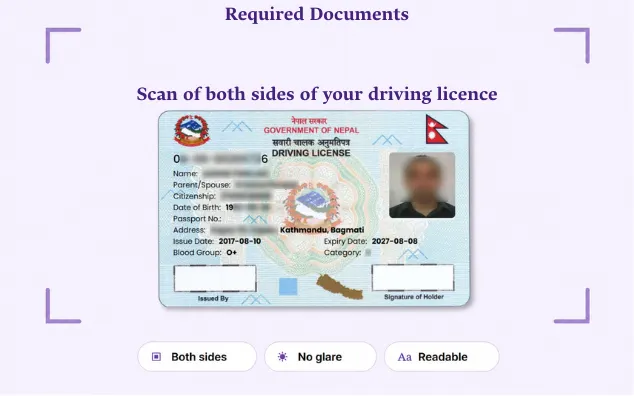 Sample: Clear scan/photo of both sides of your valid Nepali driving licence