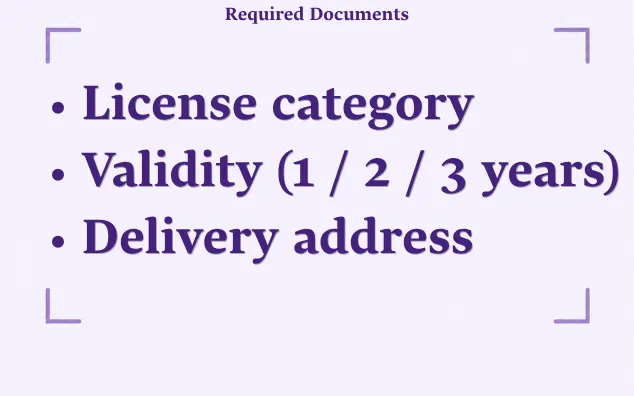 Sample: Licence category, selected validity and delivery address