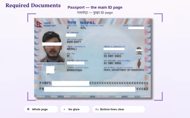 Sample: Passport bio page with at least 6 months validity